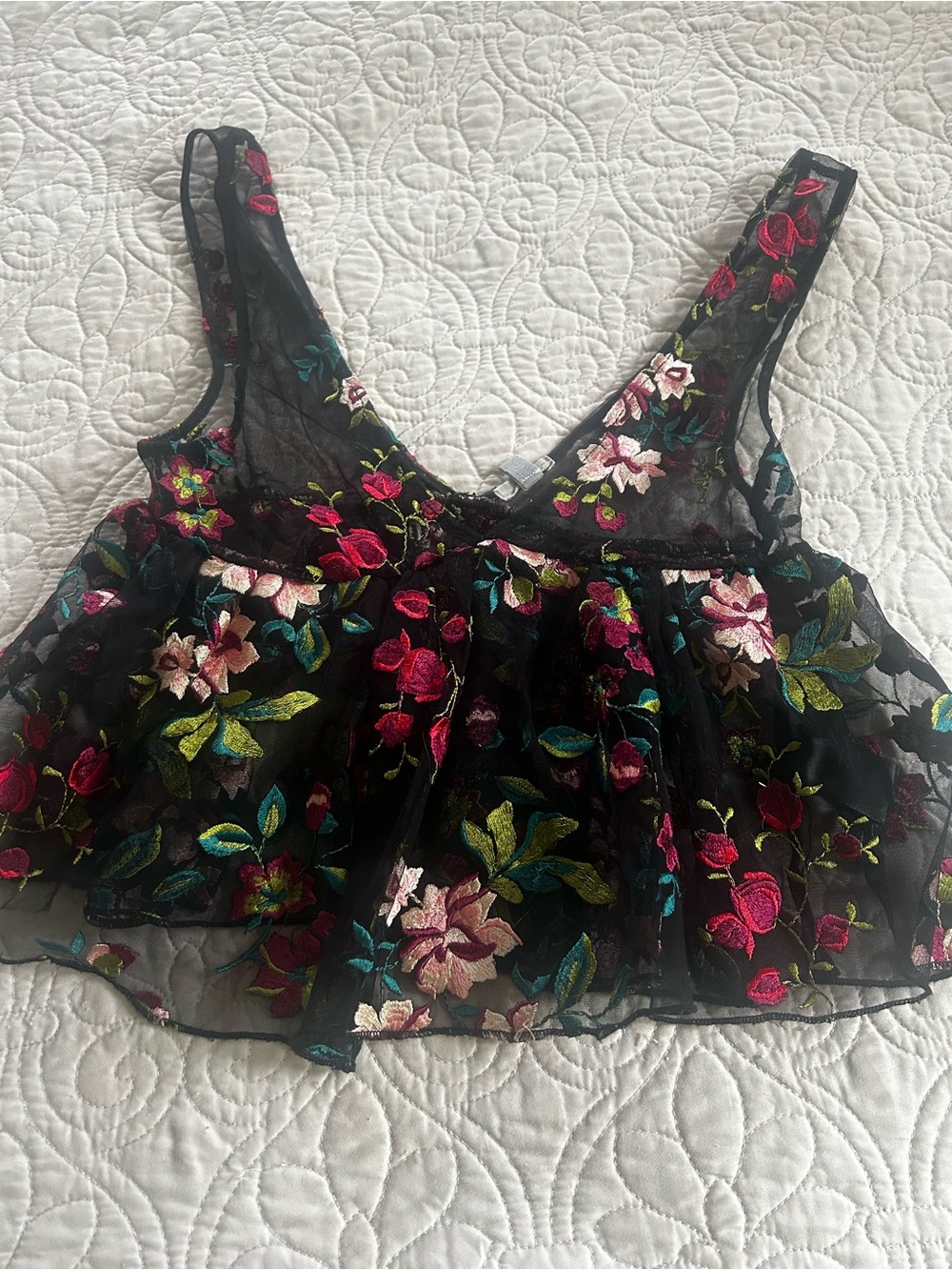 Urban Outfitters Ecote Black Sheer Floral Embroidered Crop Top